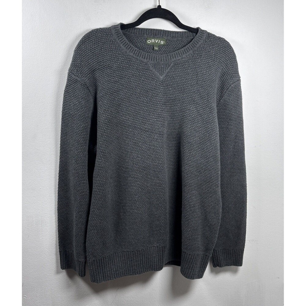 Orvis Men’s Large Gray Waffle Knit Cotton Crewneck Sweater Grandpa Core - Picture 2 of 11